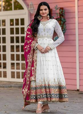WHITE COLOUR FAUX GEORGETTE EMBROIDERY WORK FULLY ANARKALI SUIT STITCHED 1