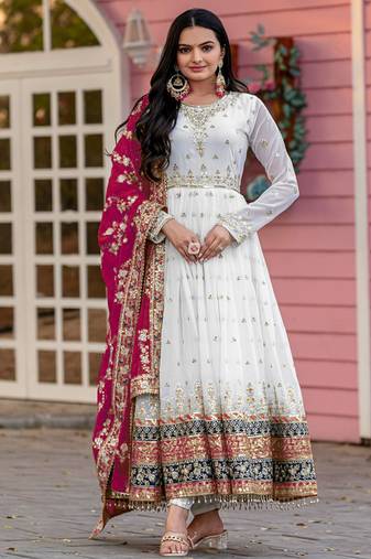 WHITE COLOUR FAUX GEORGETTE EMBROIDERY WORK FULLY ANARKALI SUIT STITCHED
