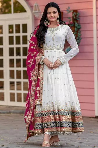 WHITE COLOUR FAUX GEORGETTE EMBROIDERY WORK FULLY ANARKALI SUIT STITCHED