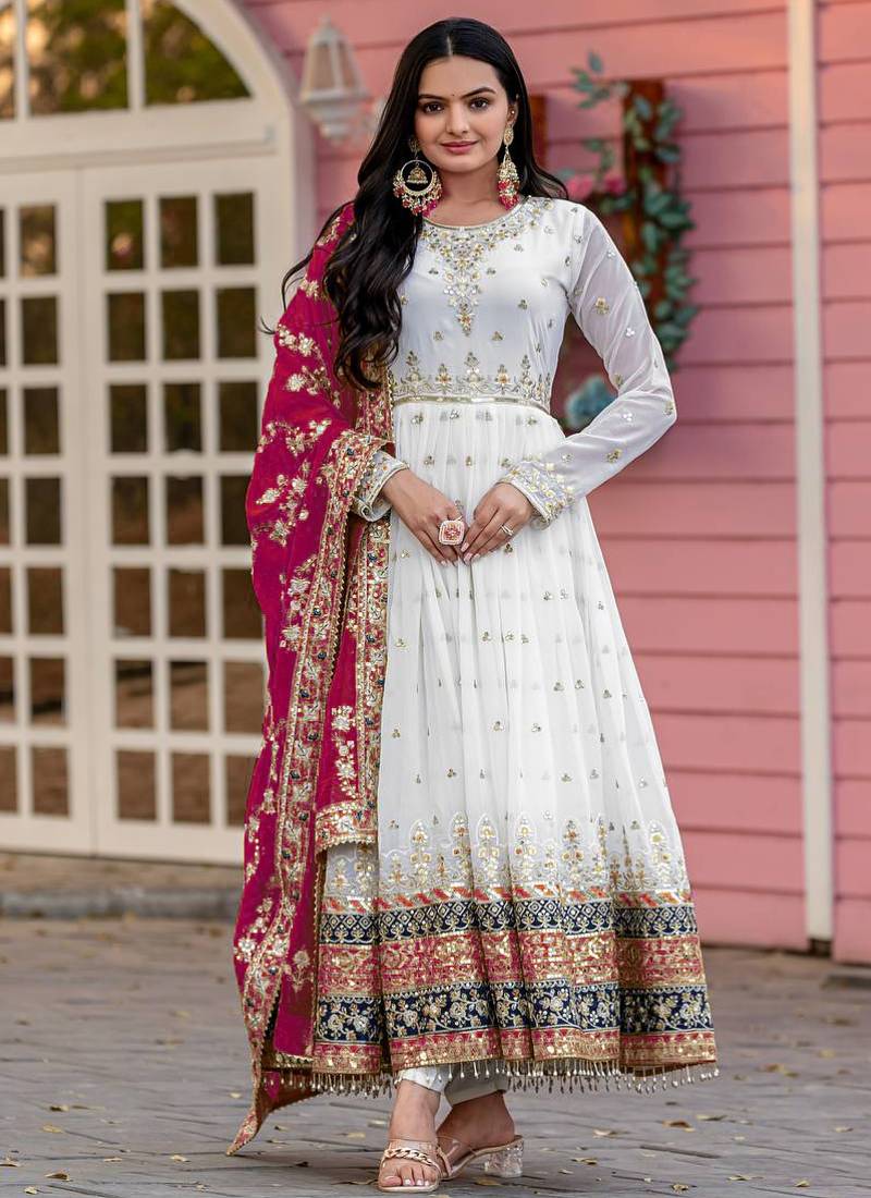 WHITE COLOUR FAUX GEORGETTE EMBROIDERY WORK FULLY ANARKALI SUIT STITCHED