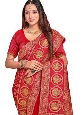 red sequin embroidered work vichitra silk blend saree for women 2