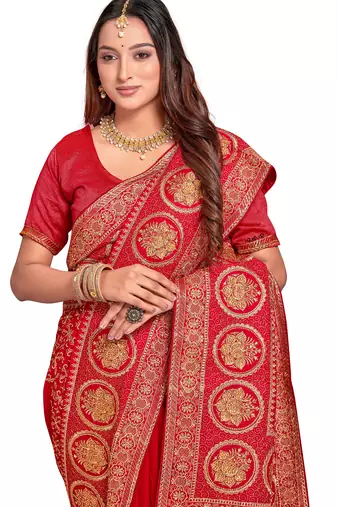 red sequin embroidered work vichitra silk blend saree for women