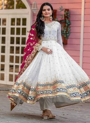 WHITE COLOUR FAUX GEORGETTE EMBROIDERY WORK FULLY ANARKALI SUIT STITCHED 2
