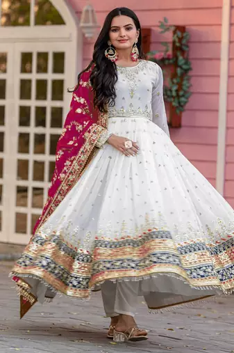 WHITE COLOUR FAUX GEORGETTE EMBROIDERY WORK FULLY ANARKALI SUIT STITCHED