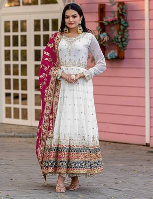 WHITE COLOUR FAUX GEORGETTE EMBROIDERY WORK FULLY ANARKALI SUIT STITCHED 3