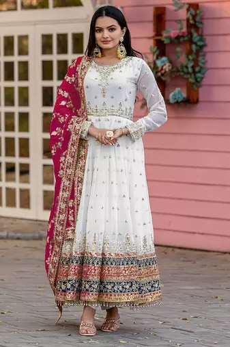 WHITE COLOUR FAUX GEORGETTE EMBROIDERY WORK FULLY ANARKALI SUIT STITCHED