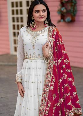 WHITE COLOUR FAUX GEORGETTE EMBROIDERY WORK FULLY ANARKALI SUIT STITCHED 4