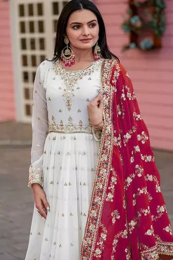 WHITE COLOUR FAUX GEORGETTE EMBROIDERY WORK FULLY ANARKALI SUIT STITCHED