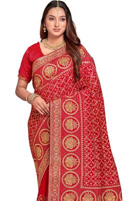 red sequin embroidered work vichitra silk blend saree for women 3