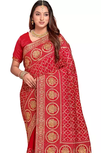 red sequin embroidered work vichitra silk blend saree for women