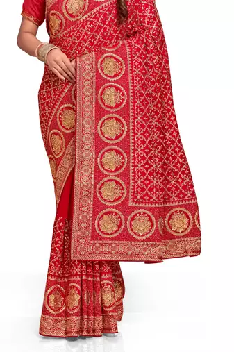 red sequin embroidered work vichitra silk blend saree for women