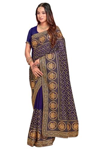 navy blue sequin embroidered work vichitra silk blend saree for women