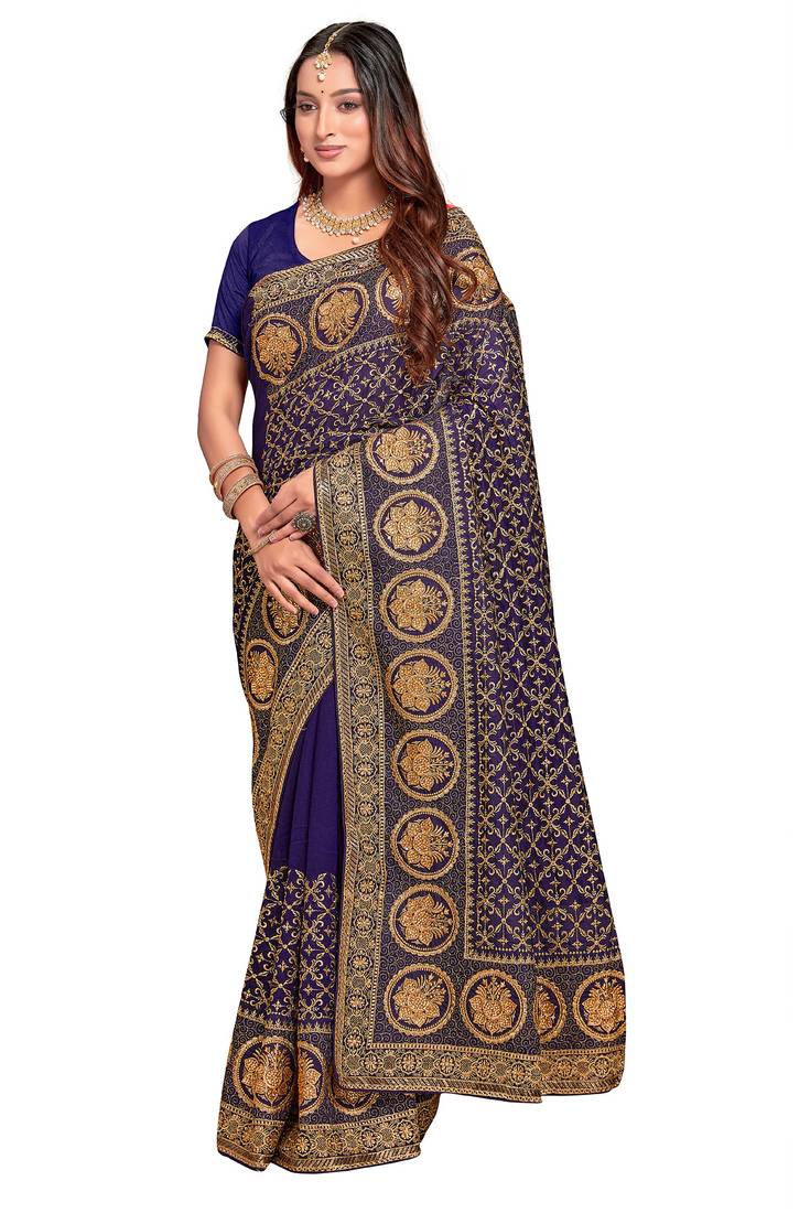 navy blue sequin embroidered work vichitra silk blend saree for women