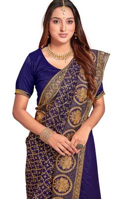 navy blue sequin embroidered work vichitra silk blend saree for women 2