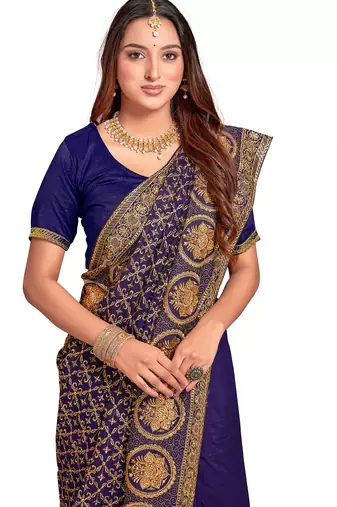 navy blue sequin embroidered work vichitra silk blend saree for women