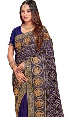 navy blue sequin embroidered work vichitra silk blend saree for women 3