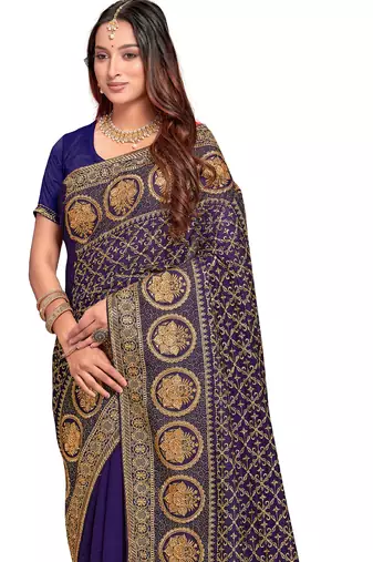 navy blue sequin embroidered work vichitra silk blend saree for women