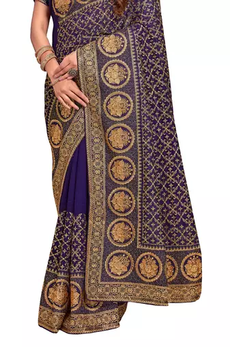 navy blue sequin embroidered work vichitra silk blend saree for women