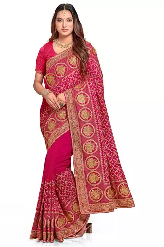 magenta sequin embroidered work vichitra silk blend saree for women