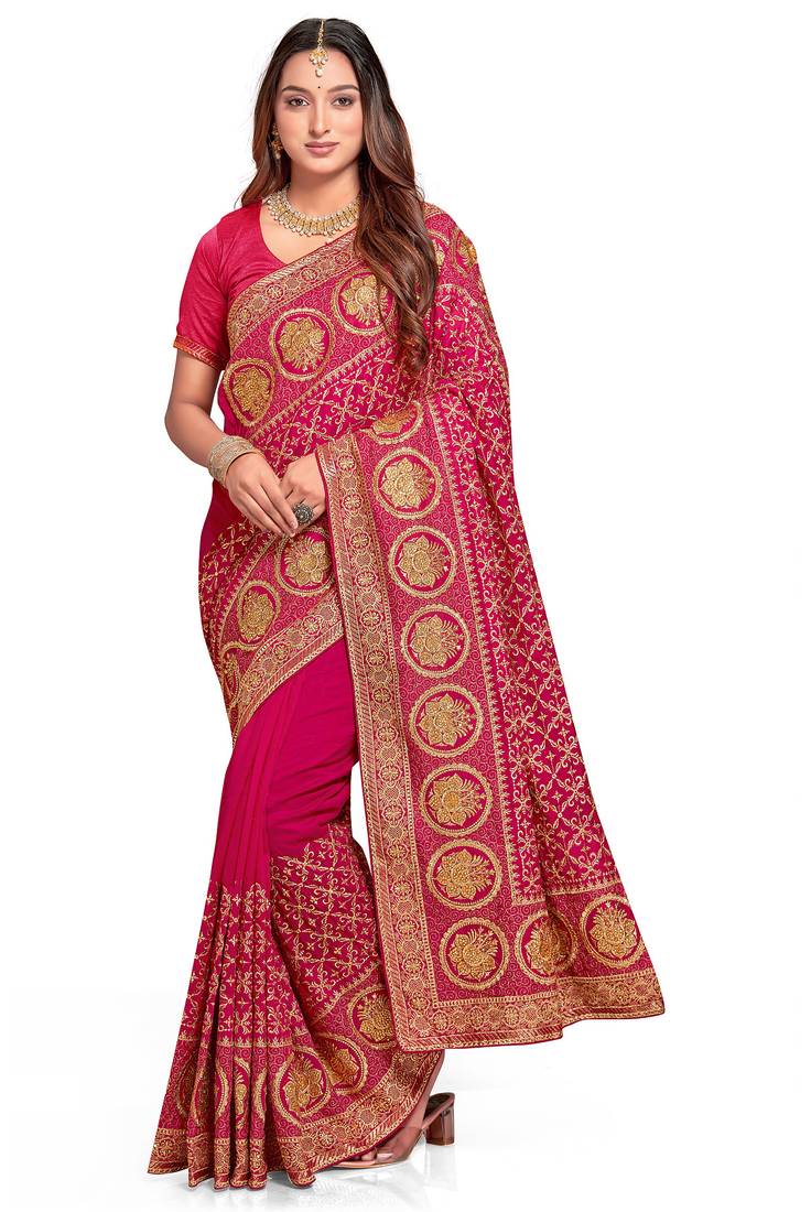 magenta sequin embroidered work vichitra silk blend saree for women