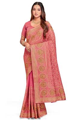 peach sequin embroidered work vichitra silk blend saree for women 1