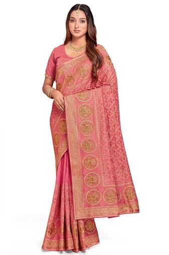 peach sequin embroidered work vichitra silk blend saree for women