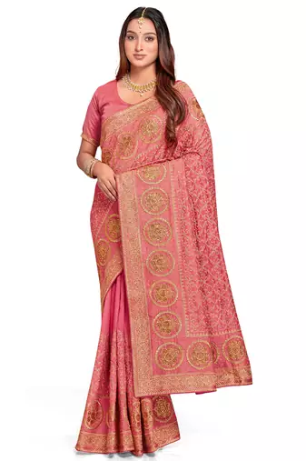 peach sequin embroidered work vichitra silk blend saree for women