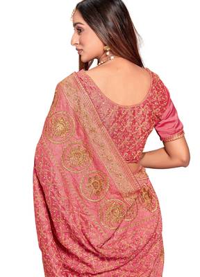 peach sequin embroidered work vichitra silk blend saree for women 2