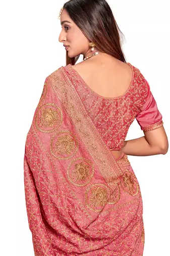 peach sequin embroidered work vichitra silk blend saree for women