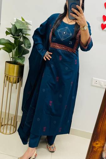 Floral embroidered blue pure cotton  kurta trouser and dupatta set