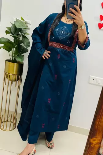 Floral embroidered blue pure cotton  kurta trouser and dupatta set
