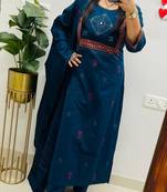 Floral embroidered blue pure cotton  kurta trouser and dupatta set