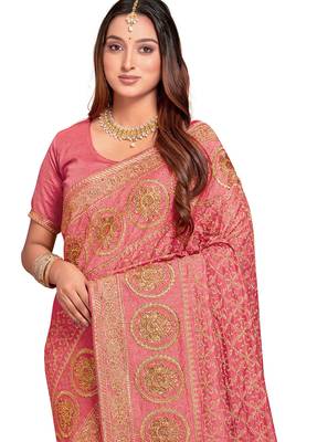 peach sequin embroidered work vichitra silk blend saree for women 3