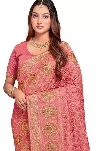 peach sequin embroidered work vichitra silk blend saree for women