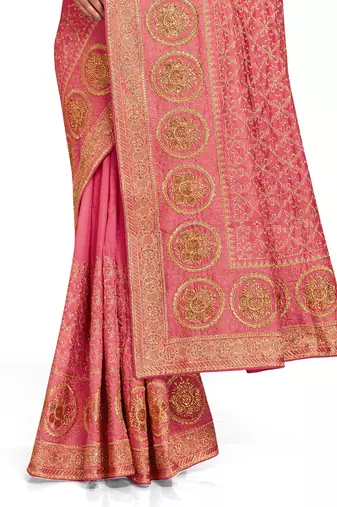 peach sequin embroidered work vichitra silk blend saree for women