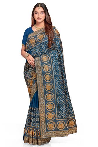 teal blue sequin embroidered work vichitra silk blend saree for women