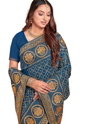 teal blue sequin embroidered work vichitra silk blend saree for women 2