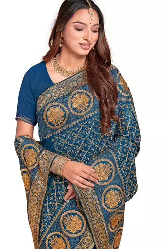 teal blue sequin embroidered work vichitra silk blend saree for women