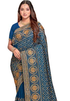 teal blue sequin embroidered work vichitra silk blend saree for women 3