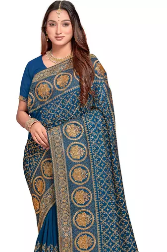 teal blue sequin embroidered work vichitra silk blend saree for women