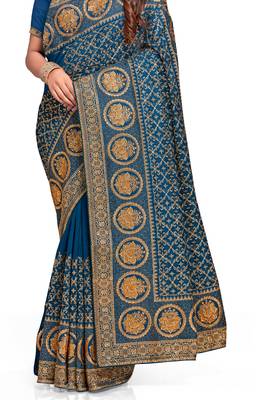 teal blue sequin embroidered work vichitra silk blend saree for women 4