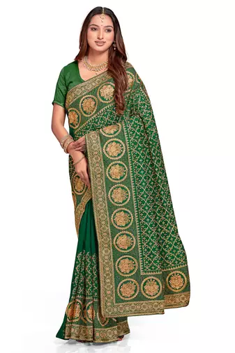 green sequin embroidered work vichitra silk blend saree for women