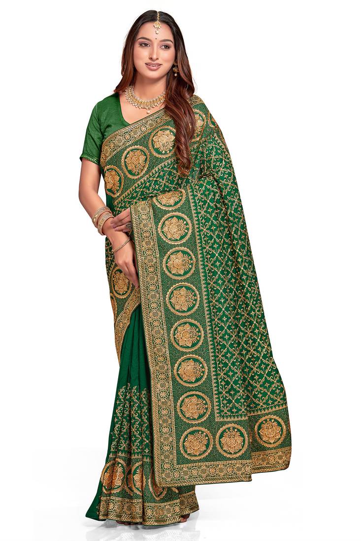 green sequin embroidered work vichitra silk blend saree for women
