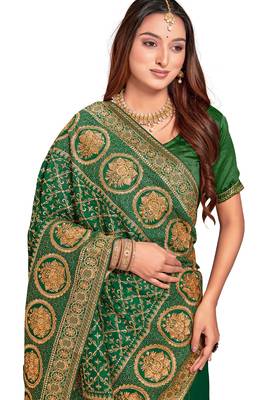 green sequin embroidered work vichitra silk blend saree for women 2