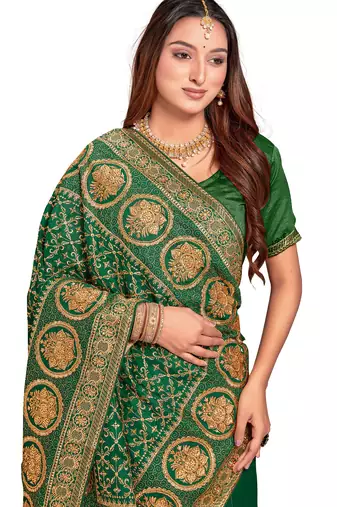 green sequin embroidered work vichitra silk blend saree for women