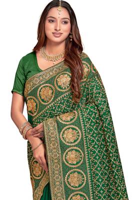 green sequin embroidered work vichitra silk blend saree for women 3