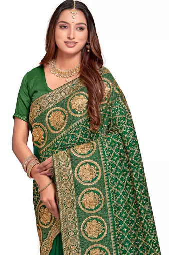green sequin embroidered work vichitra silk blend saree for women