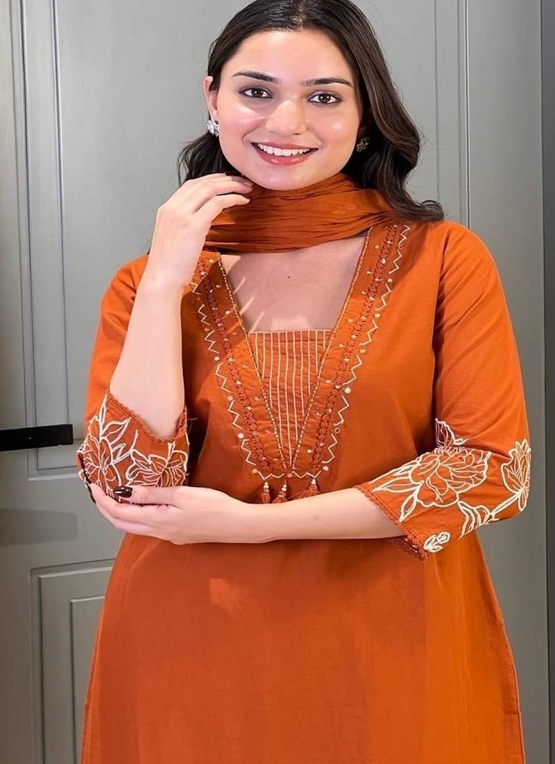 Floral embroidered orange pure cotton  kurta trouser and dupatta set