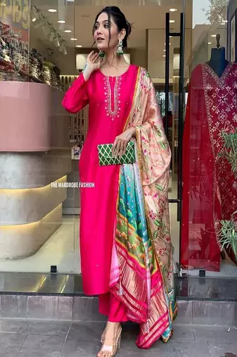 Floral embroidered u neck chinon kurta trosuer and dupatta set