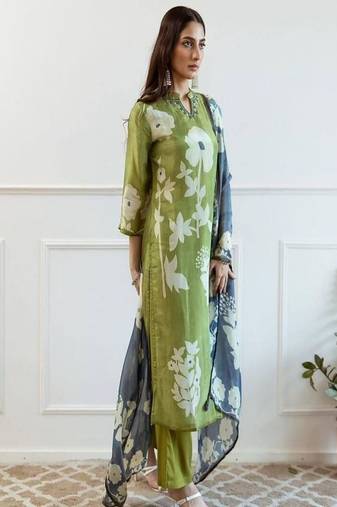 Floral printed round neck pure cotton kurta trosuer and dupatta set